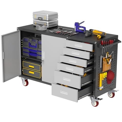 Eltean 55" W Rolling Workbench with 6 Drawers and Storage Cabinet,1000 LB Capacity Heavy Duty Work Bench with Pegboard and Adjustable Shelf,Garage Workbench with Wheels for Repair Shop/Workshop