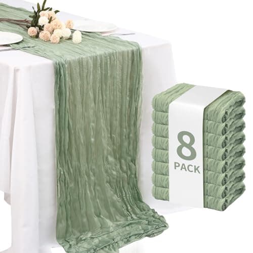 Fixwal 8 Pack Sage Green Cheesecloth Table Runners, 35x120 Inch Pleated Boho Gauze Table Runner, Long Semi-Transparent Table Decorations for Christmas Dinner, Parties, Birthdays and Weddings