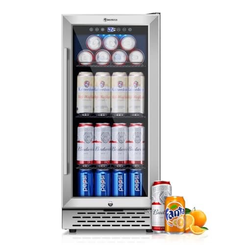 COLOZO 15 Inch Beverage Refrigerator Under Counter, Mini Beverage Fridge with Glass Stainless Steel Door&Lock, 37-64°F 130 Cans Beverage Cooler For Home, Freestanding Drink Fridge for Beer Soda Bar