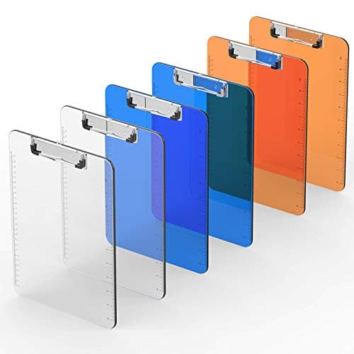 Plastic Clipboard (Set of 6) Multi Pack Letter Size A4 Colorful Clipboards with Hangable Low Profile Clip and Side Ruler, Durable and Cute, Office Supply, 9x12.5 in Assorted (Clear, Blue, Orange)