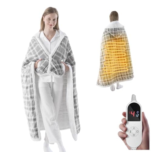 ceamorfco Heated Blanket Wearable Shawl - Electric Wrap Poncho Blanket Hoodie for Adult, Gifts for Mom Women, Sherpa Heating Throw with 12 Time Settings & 6 Heat Settings, 50x60 inches, Grey Plaid