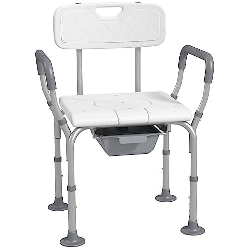 HOMCOM 3-in-1 Shower Chair with Back and Arms, Height Adjustable Bedside Commode, Raised Toilet Seat with Non-Slip Rubber Foot Pad for Seniors, Disabled, White