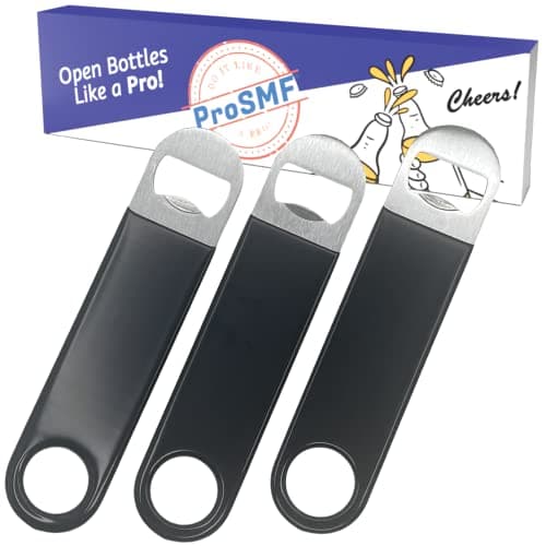 ProSMF Flat Bottle Opener for Bartender - Beer Bottle Opener - Heavy Duty Stainless Steel - Vinyl Rubber Coated Handle - 3 Pack - Large - 7-Inch - Black