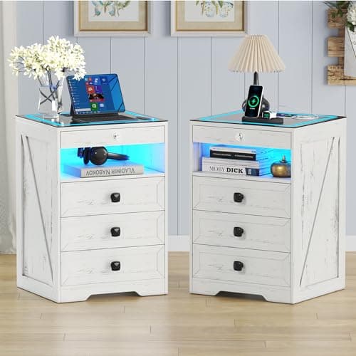 Lvifur 2 Set LED Nightstand with 3 Drawers, Glass Top Bedside Table with Wireless Charging Station, Modern Night Stand with Auto Sensor, Bedroom Smart End Table (Whitex2)