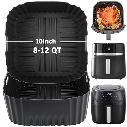 BYKITCHEN Large Air Fryer Silicone Liners Compatible with CHEFMAN 8QT/ 10 QT/ 12 QT & Other 8-12 Quart XL Airfryer, 2PCS 10 Inch Reusable Silicone Airfryer Oven Tray Insert, Air Fryer Accessories