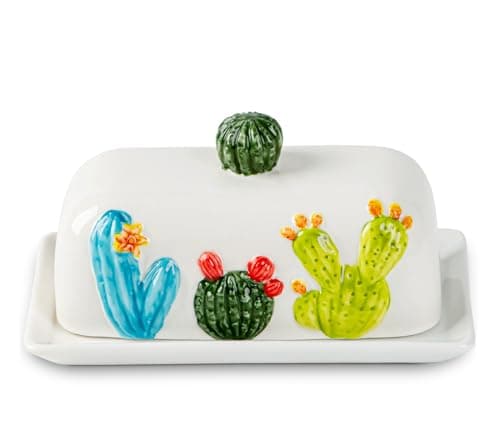 Cactus Butter Dish With Lid For Countertop Succulent Butter Dish With Cover Ceramic Butter Container Green Butterdish Cute Beautiful Desert Decoration