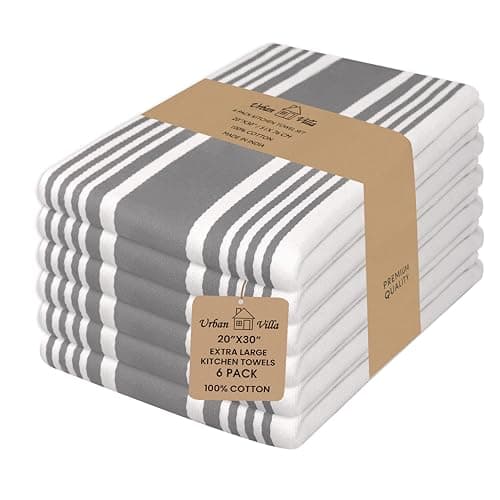 Urban Villa Kitchen Towels 100% Cotton Dish Towels for Kitchen (Set of 6) 20”x30” Dish Cloths Highly Absorbent Kitchen Linen Set with Hanging Loop Perfect for Drying Dishes Cleaning Towels-Grey White