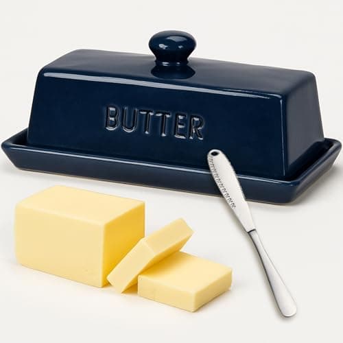 Butter Dish With Lid, WERTIOO Porcelain Butter Keeper With Handle Cover French Butter Dish with Stainless Steel 3 in 1 Butter Spreader Container for Countertop, Navy Blue