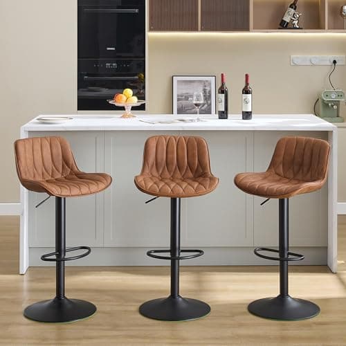 FIRAVOE Swivel Bar Stools Set of 3, Brown Counter Height Bar Stools with Back, Adjustable Bar Stool 25"-33", Modern Faux Leather Barstools for Kitchen Island (Brown, 3PCS)