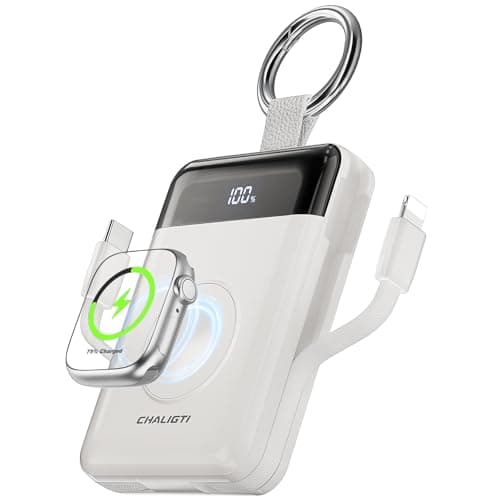CHALIGTI Portable Charger,5000mAh PD 20W Super Fast Charging Power Bank with Built-in Cables,Travel Keychain Battery Pack for Apple Watch Ultra/11/10/9/8/7/6/SE,iPhone 17/16/15/14/13/12,White