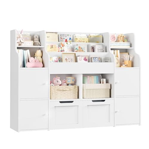 FINETONES Toy Storage Organizer, Large Toy Organizers and Storage with 8 Storage Cubbies and 2 Movable Drawers, Toy Shelf Organizer with 4 Display Shelves, 3-Tier Kids Bookshelf and Toy Storage