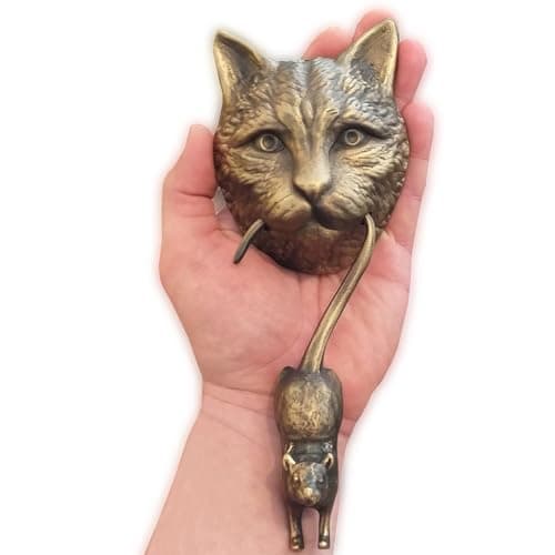 Anatolica Cat and Mouse Door Knocker, Solid Brass, 8.7 inches, Front Door Ornament (Antique Bronze)
