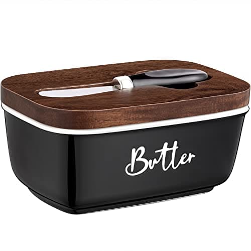 ALELION Black Butter Dish with Lid and Knife for Countertop - Airtight Ceramic Butter Keeper Container with Thick Acacia Wood Lid for Counter or Fridge - for Farmhouse Kitchen Decor and Accessories