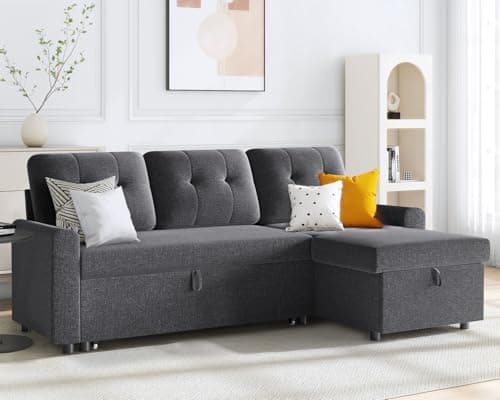 IULULU L Shaped Sectional Sofa, Convertible Sleeper with Pullout Bed, Storage Chaise, 2 in 1 Pull Out Couch for Living Room, Apartment, Grey