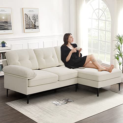 EASELAND 82" L-Shape Sofa with Reversible Chaise Lounge, Convertible Sectional Sofa Couch, Chenille Modern Sofa Couch for Living Room, Apartment and Office, Removable Cover (White)