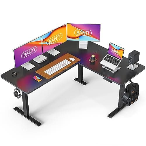 BANTI L-Shaped Standing Desk - 63 x 55 Inch Adjustable Corner Standing Desk with Charging Station - L Shape Sit Stand Table with Memory Controller, Splice Board for Home Office, Black