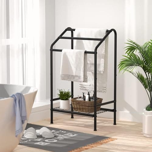 Pickpiff Free-Standing Towel Rack, 3-Tier Blanket Rack Stand with Storage Platform, Free-Standing Metal Towel Holder and Drying Shelf, Washcloths Holder, Bathroom Storage Organizer