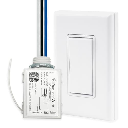 RunLessWire Single Pole Battery-Free DIY Wireless Light Switch Kit 150ft RF Range Self-Powered by Kinetic Energy for Fixtures & Outlets : 1 Remote Switch Controls 1 5A On/Off Receiver – White