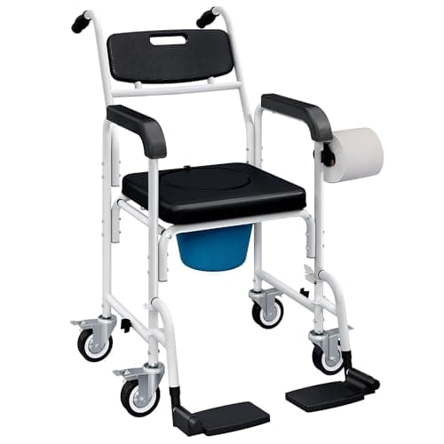 HOMCOM Shower Chair with Wheels 4 in 1, Bedside Commode Wheelchair with Seat, Backrest, Arms, Shower Commode Chair for Seniors, Adults, Injured or Disabled, Black