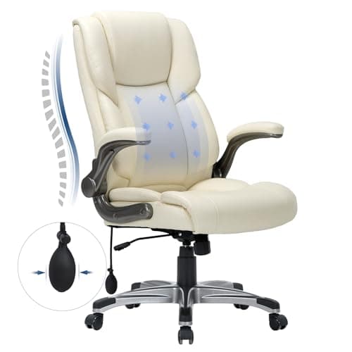 COLAMY High Back Executive Office Chair- Ergonomic Home Computer Desk Leather Chair with Padded Flip-up Arms, Adjustable Tilt Lock, Swivel Rolling Chair for Adult Working Study-Ivory