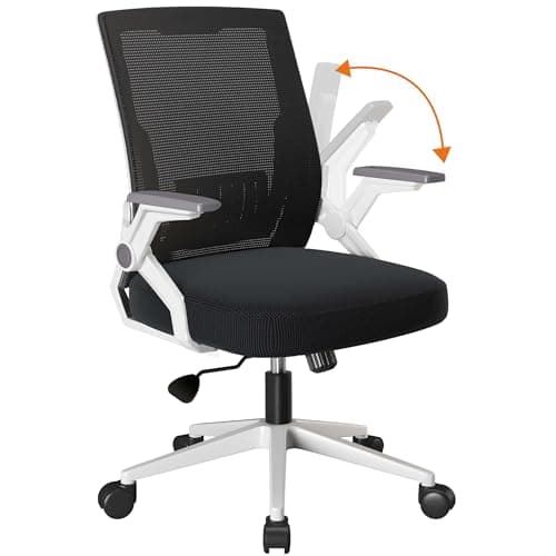 COMHOMA Office Chair with Flip-up Armrests Ergonomic Computer Desk Chair Foldable Mesh Task Chair with Wheels Adaptive Lumbar Support Swivel Tilt Comfortable Study Chair, White (Seat Depth 17.7")