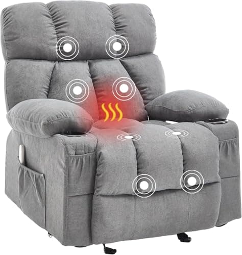 Massage Rocker Recliner Chair with Heat and Vibration Ergonomic Rocking Lounge Chair for Living Room Comfy Overstuffed Recliner with 4 Side Pockets,2 Cup Holders, USB Charge Port, Grey