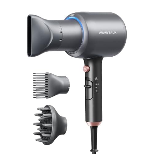 Wavytalk Blow Dryer, Blown Away Ionic Hair Dryer for Curly Hair with Diffuser, 1875W Fast Drying Blow Dryer with Ceramic Technology, 3 Attachments for All Hair Types, Light and Quiet, Grey