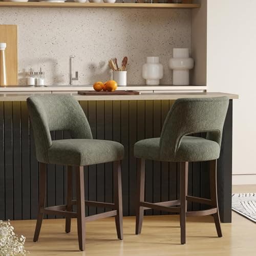 VKNOW Bar Stools Set of 2, 26" Upholstered Counter Height Bar Stools, Modern Counter Stools with Wood Legs for Kitchen Island Dining Room Bar, Green