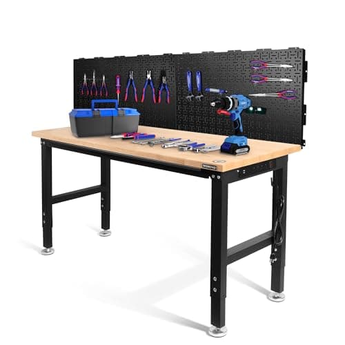 WORKPRO 60" Adjustable Workbench with 2 Pack Metal Pegboard, Rubber Wood Top Heavy-Duty Workstation, 2000 LBS Load Capacity Hardwood