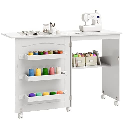 Giantex Folding Sewing Craft Table, Sewing Cabinet with 3 Storage Bins and Shelf, Rolling Craft Station Sewing Machine Work Desk with Lockable Wheels for Apartment Small Spaces, White
