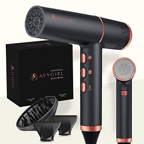 AvyGirl 1800W Super Power 110,000RPM Hair Blow Dryer BLDC/Travel Brushless Direct Current Motor, Small Lightweight, 20x Faster Drying Black Rose Gold Gift
