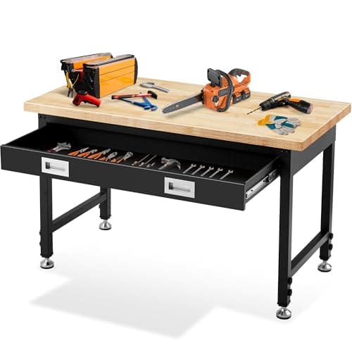 Adjustable Heavy Duty 48” Workbench with Storage,Oak Wood Top Tool Bench with Drawers,2000 LBS Load Capacity Hardwood Worktable for Workshop, Garage, Office, Home, Commercial