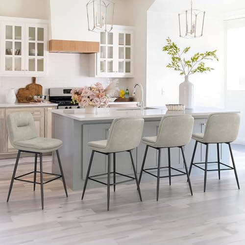 Cozyman Bar Stools Set of 3, Double-Layer Upholstered Counter Height Bar Stools for Kitchen Island, Faux Leather Barstools with Back and Footrest, 24 Inch Armless Barstool Chairs, Light Beige Gray