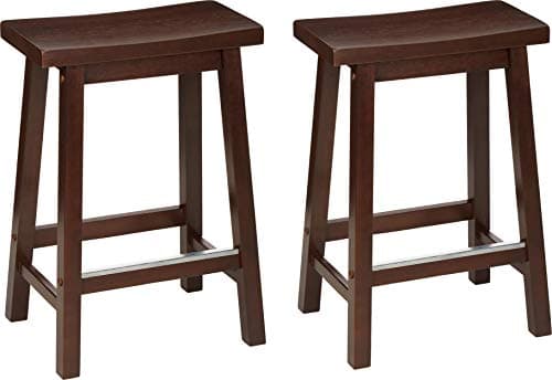 Amazon Basics Solid Wood Saddle-Seat Counter Height Bar Stools for Kitchen Island with Footrest, 24-Inch Height, Walnut, Set of 2
