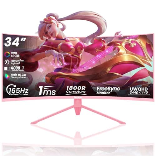 Sealan 34 Inch Pink Ultrawide Curved Gaming Monitor UWQHD 3440x144,165Hz, 1ms, HDR400, 127% sRGB, FreeSync,1500R, HDMI/DP, Eye Care VESA Mount, All-in-One for Immersive Play