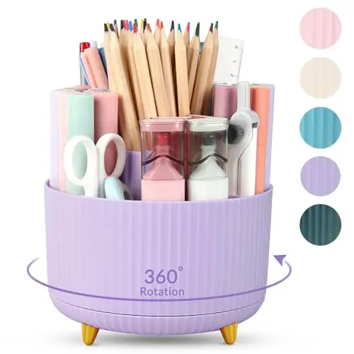 SKYDUE 360 Rotating Purple Pen & Art Supply Organizer - 5 Slot Desk Organizer for Office, School, Home
