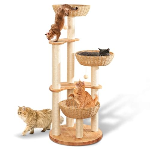 54" Modern Cat Tree Tower for Indoor Cats, Oak Cat Scratching Tree for Multiple Large Cats, Manual Hand Woven Luxury Cat Condo, Unique High-end Design Cat Furniture Activity Centre, Easy Clean