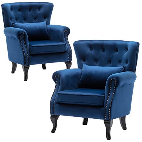 DM Furniture Set of 2 Mid-Century Modern Accent Chair, Velvet Armchair w/Tufted Back/Wood Legs, Upholstered Lounge Arm Chair Single Sofa for Living Room Bedroom, Blue
