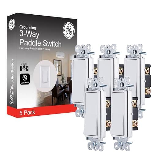 GE Grounding Paddle Rocker Switch 5 Pack, 3 Way, In Wall On/Off Power Switch Replacement for Ceiling Fans & Lights, 15 Amp, Great for Home, Office & Kitchen, UL Listed, White, 44026