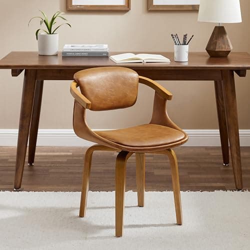 Art Leon Mid Century Modern Chair - Home Office Desk Chair Without Wheels, Faux Leather Comfy Swivel Accent Armless Chair for Living Room Bedroom Study, Retro Brown