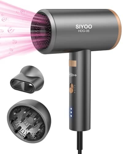 SIYOO Hair Dryer with Diffuser, 1600W Ionic Blow Dryer, Constant Temperature Hair Care Without Hair Damage, Lightweight Portable Travel Hairdryer Gold