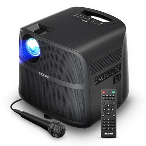 ION Portable Outdoor 720P HD LED Projector with Bluetooth, 70W Speakers, Microphone and Rechargeable Battery for Movie and Karaoke Evenings – USB and HDMI Connections