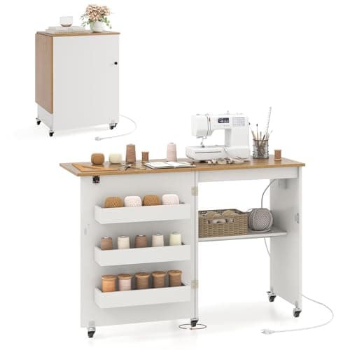 COSTWAY Sewing Machine Table with Charging Station, Folding Sewing Cabinet w/Lockable Casters, 3-Tier Shelf, Middle Rack, Magnetic Door, Small Sewing Desk for Home Apartment, Studio (White & Natural)