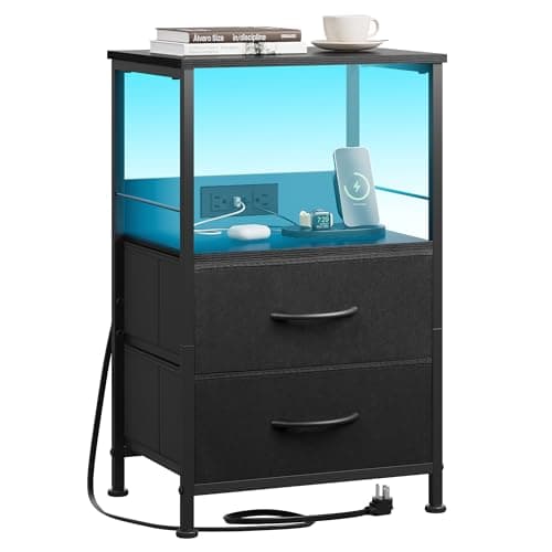 WLIVE LED Night Stand with Charging Station, Black Nightstand with 2 Fabric Drawers and Storage Shelf, Dorm Bedside Table End Table with 2 USB Ports and Outlets, Small Dresser for Bedroom