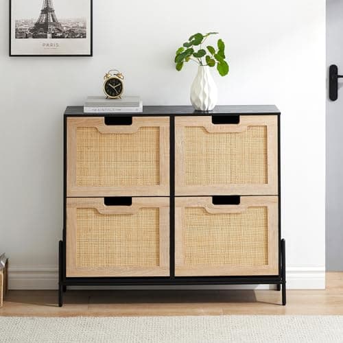 coucheta 4 Flip Drawers Shoe Storage Cabinet, Rattan Shoe Organizer with Metal Legs, Freestanding Narrow Shoe Rack Cabinet for Entryway, Black