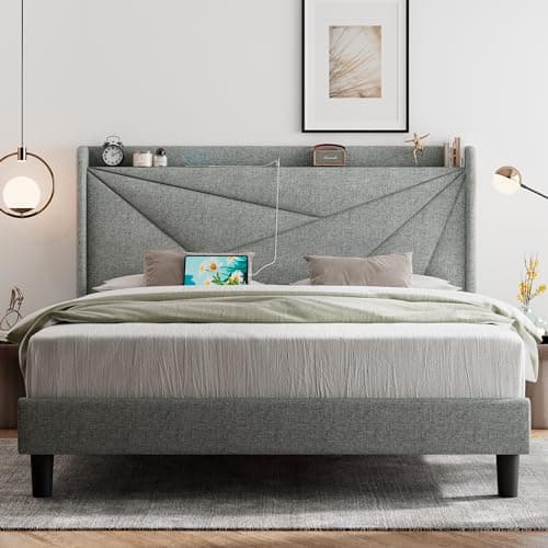 Feonase Full Bed Frame with Type-C & USB Ports, Upholstered Platform Bed Frame with Wingback Storage Headboard, Solid Wood Slats Support, No Box Spring Needed, Noise-Free, Light Gray
