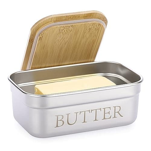BSTKEY Butter Dish with Lid for Countertop, Stainless Steel Butter Holder Container with Silicone Sealing, Butter Keeper for Kitchen, Holds 1 Stick West or 2 Sticks East Coast Butter