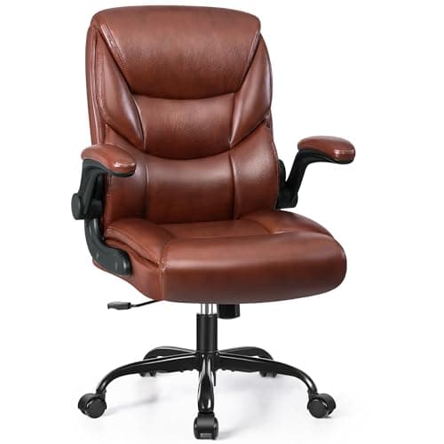 FelixKing Leather Office Chair, Small PU Ergonomic Desk Chairs, Comfy Computer Chair with Wheels and Flip-up Armrests, Adjustable Height Mid Back Executive Office Chairs for Short People - Brown