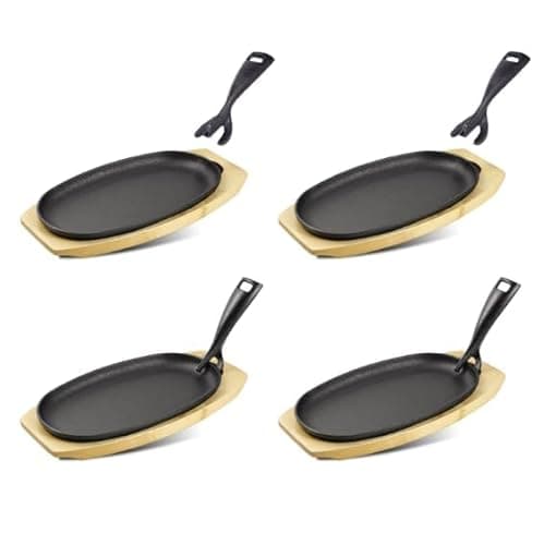 DVK 4 Set Cast Iron Skillet Sizzling Plate With Wooden Base Fajita Skillet With Removable Handle For Home Barbeque Kitchen Service