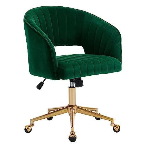 Home Office Chair Swivel Velvet Desk Chair Accent Armchair Upholstered Modern Tufted Chairs with Gold Base for Girls Women Ergonomic Study Seat Computer Task Stools for Living Room(Green)